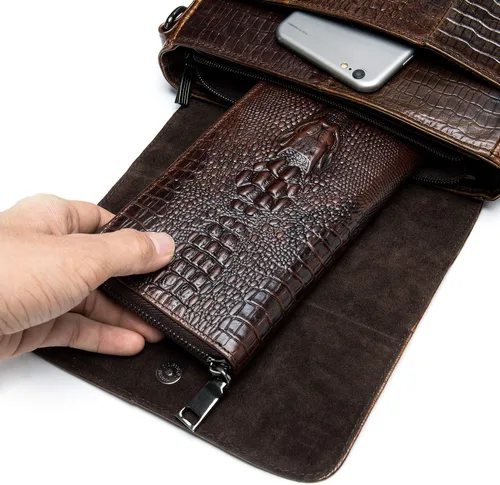 Vista 6 de NIUCUNZH Bolso bandolera de cuero con solapa para hombre pequeño bolso cruzado de hombro novedoso cocodrilo en relieve Café