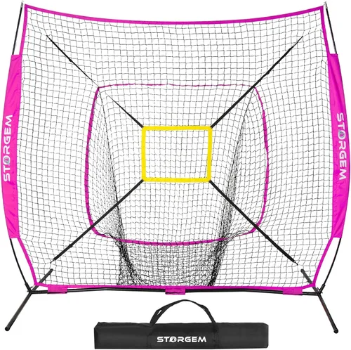 Vista 7 de Storgem Baseball and Softball Practice Net 7×7ft Portable Hitting Pitching Batting Training Net Baseball Backstop Net and Strike Zone and Bow Frame