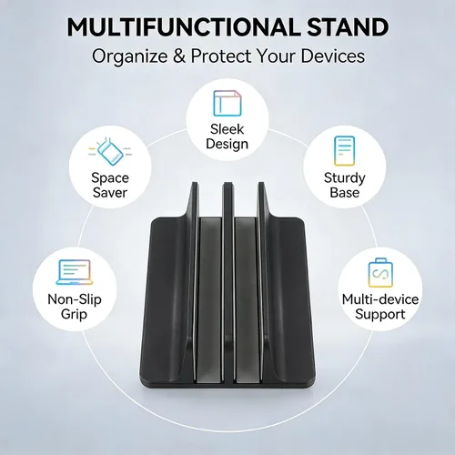 Vista 5 de Vertical Laptop Stand, Aluminum Alloy, Double Dock, Black, Cooling Stand,Laptop Stand Holder - Multifunctional Design, Silicone Anti - Scratch