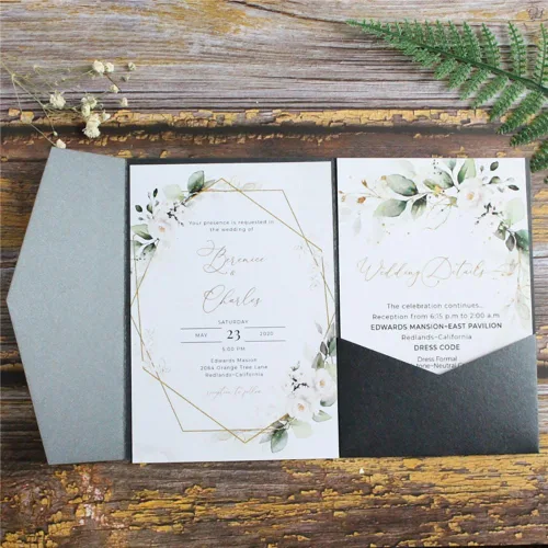 Vista 15 de Tarjeta de invitación negra con bolsillo y sobre para boda, cumpleaños, baby shower, 20 juegos (negro)