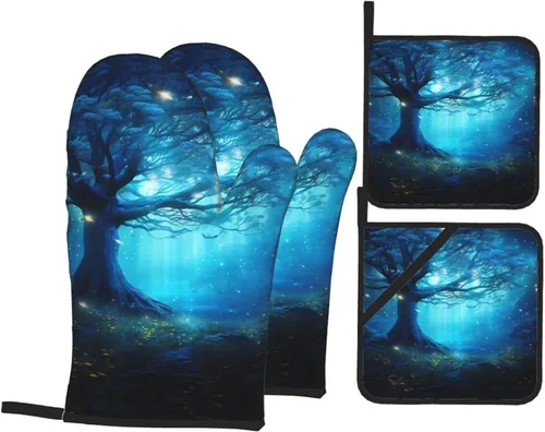Vista 14 de Juego de guantes de horno y soportes para ollas con estampado floral de jardín, resistentes al calor, antideslizantes, guantes de cocina, 4