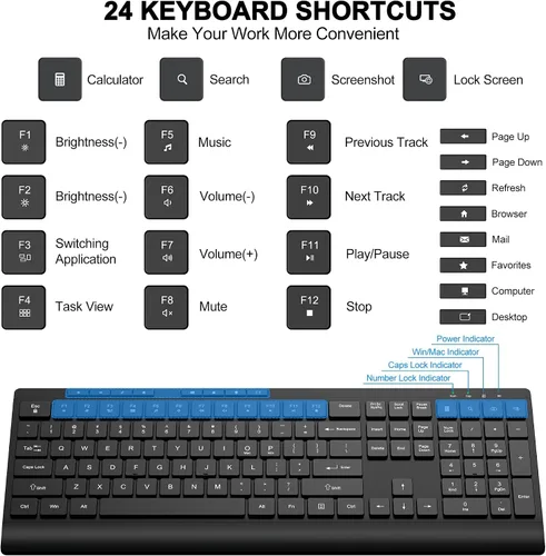 Vista 5 de Combo de teclado y mouse inalámbricos, teclado de computadora silencioso de tamaño completo y ratones inalámbricos con 3 DPI ajustables, 2.4G sin