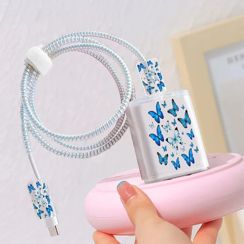 Vista 6 de Lindos protectores de cable para iPhone Funda de carga bonita elegante patrón de mariposas azules diseño único cable de datos cargador de línea