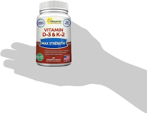 Vista 9 de aSquared Nutrition Vitamina D3 con suplemento K2-180 tabletas masticables, colecalciferol D-3 de fuerza máxima y K-2 MK7 para apoyar huesos