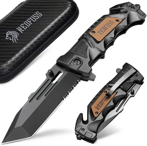 Vista 9 de NedFoss - Cuchillo plegable de bolsillo DA75, cuchillo de bolsillo 3 en 1 para hombres, cuchillo de supervivencia con cierre de forro de cinturón