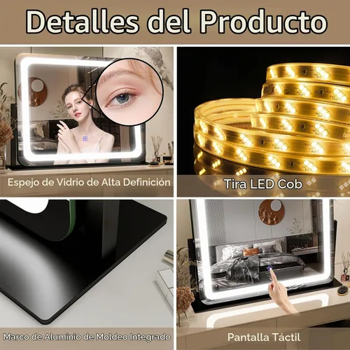 Vista 7 de FENNIO - Espejo de tocador con luces, espejo de maquillaje iluminado LED, pantalla táctil con 3 modos de iluminación, regulable, para mesa