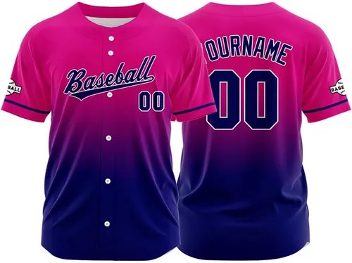 Vista 32 de Camiseta de béisbol con degradado personalizado, nombre, número y logotipo personalizados para hombres, mujeres y niños