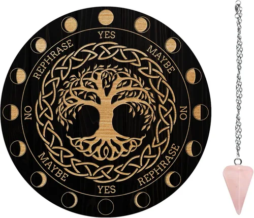 Vista 14 de AHANDMAKER Tabla de péndulo de bruja de 7.8 pulgadas, plancha de madera para radiestesia con péndulos de cristal de cuarzo rosa, herramientas