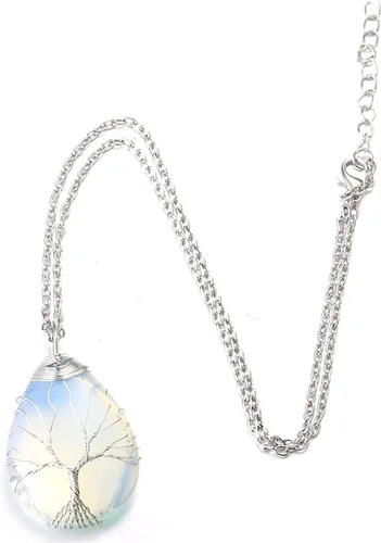 Vista 6 de Halukakah LUNARLOVE - Collar de piedra lunar Hecho a mano Platino18k chapado en oro de 18 quilates con alambre de árbol de la vida, colgante