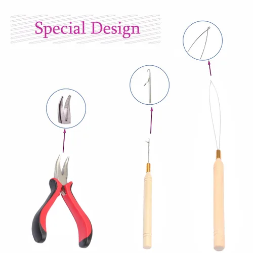 Vista 3 de Kit de herramientas de extensión de cabello, 3 piezas de microeslabones Remove Plier, Pulling Hooks, Micro Silicone Rings Bead Device for Micro