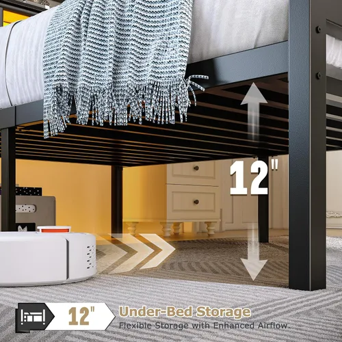 Vista 5 de Homkdom Base de cama de metal de tamaño individual con luces LED inteligentes y cabecera de almacenamiento de 2 niveles, base de colchón resistente
