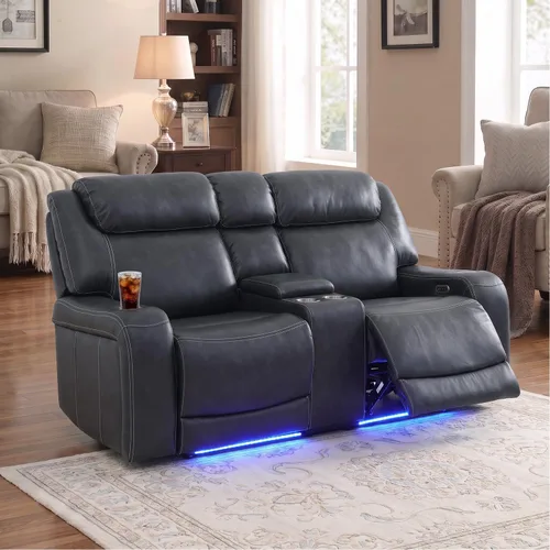 Vista 30 de Sofá reclinable con luces LED, sofá reclinable de cuero con dos asientos reclinables/puerto USB/consola de almacenamiento/soporte para vasos