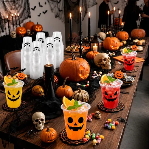 Vista 6 de 50 Pcs Halloween Plastic Cups 12oz Black Pumpkin Face Disposable Clear Cups Set with 3 Styles Patterns for Halloween Trick or Treat Birthday Party