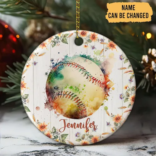 Vista 2 de Hyturtle Adorno de Navidad personalizado para amantes del béisbol, adorno de cerámica con nombre personalizado de Just A Girl Who Loves Baseball
