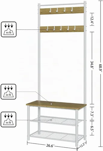 Vista 4 de Árbol de pasillo con banco y almacenamiento para zapatos, perchero para zapatos de 3 en 1, perchero de pie de madera independiente con marco