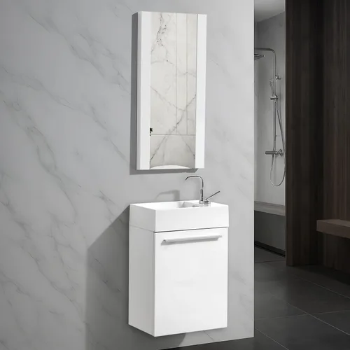 Vista 12 de Blossom Tocador de baño pequeño de 18 pulgadas con fregadero, gabinete flotante de madera maciza, resistente a la humedad, fregadero de profundidad