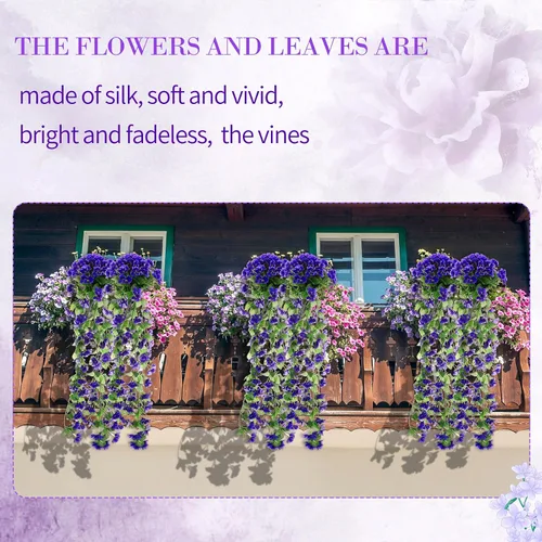Vista 2 de XunYee Paquete de 4 flores artificiales colgantes para exteriores, plantas colgantes falsas de 5 pétalos de seda violeta, plantas de simulación