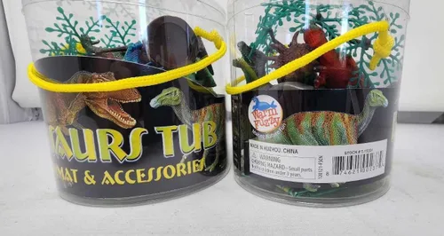 Vista 4 de WARM FUZZY Toys - Tina de 7 figuras realistas de dinosaurios para niños, 1 bañera y tapete de juego, juego educativo atractivo, experiencia