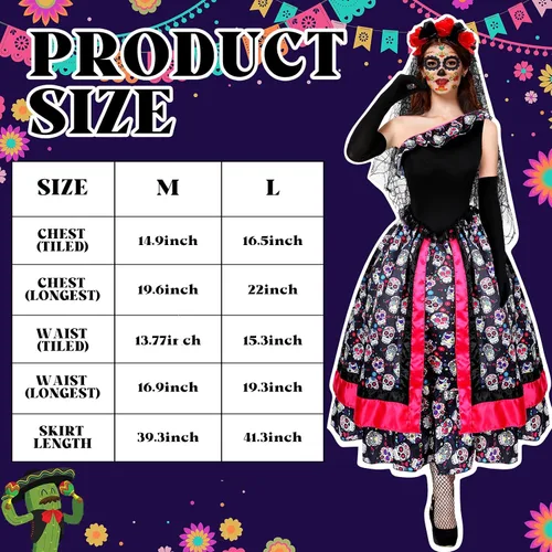Vista 3 de Xaatren 5 Halloween Día de los Muertos Español Disfraz Conjunto Falda Esqueleto Guantes Medias Tatuajes Cara Floral Corona Velo