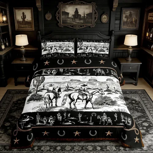 Vista 17 de Manfei Juego de edredón de vaquero occidental tamaño individual, juego de ropa de cama con estampado de calavera de toro, caballo y flecha, 2 piezas