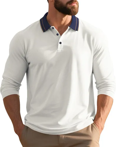 Vista 10 de Polo de manga larga para hombre, suéter clásico con botones, cuello en contraste, sudadera casual