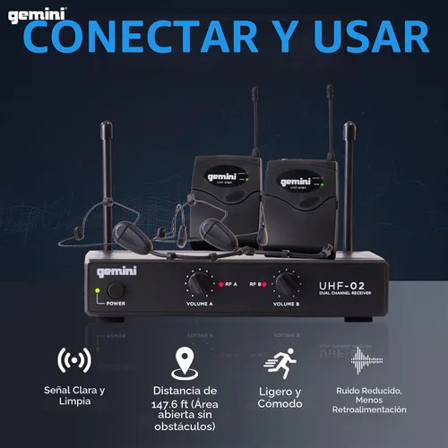 Vista 2 de Gemini Auriculares UHF de doble canal y sistema de micrófono de solapa