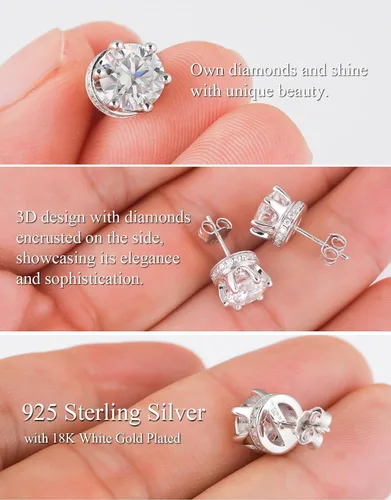 Vista 5 de 4.5CT Genuine Moissanite Solitaire Crown Stud Earrings for WomenD Color VVS1 Round Cut Simulated Diamond Flat Back Hidden Halo Earrings S925