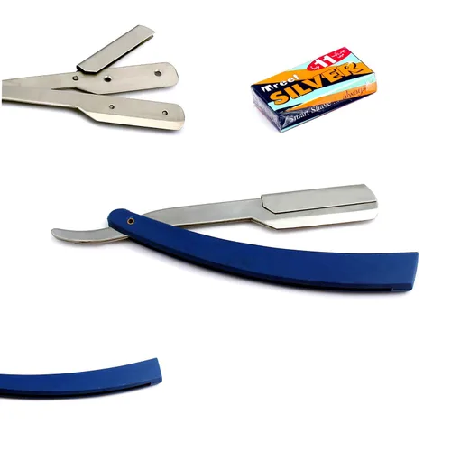 Vista 2 de OdontoMed2011® Rastrillos profesionales rectos de acero con borde de barbero plegable para afeitar, rastrillo de afeitado doble (mango negro)