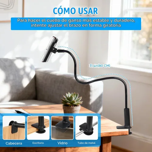 Vista 7 de Soporte para tableta de cuello de cisne para cama, abrazadera de soporte flexible de brazo largo ajustable para soporte de teléfono de escritorio