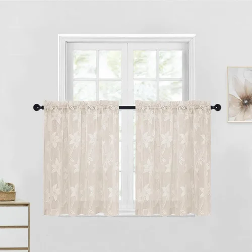 Vista 17 de DWCN Paquete de 2 cortinas traslúcidas pequeñas de encaje floral beige para cocina, cortinas traslúcidas ligeras con bolsillo para barra, cortinas