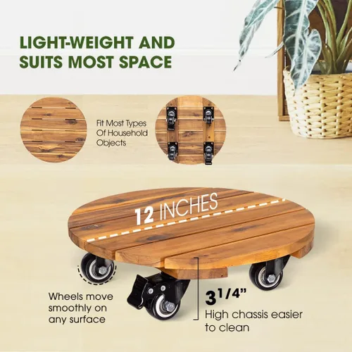 Vista 4 de Idzo Paquete de 2 cajas de madera de 12 pulgadas con ruedas resistentes, capacidad de 264 libras, plataforma de madera dura de acacia, soporte