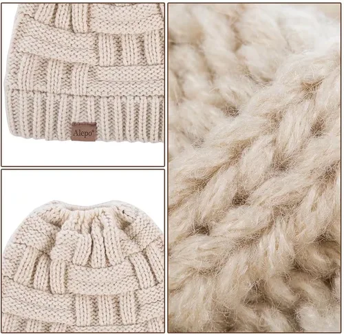 Vista 6 de Alepo Womens High Messy Bun Beanie Hat with Ponytail Hole, Winter Warm Trendy Knit Ski Skull Cap