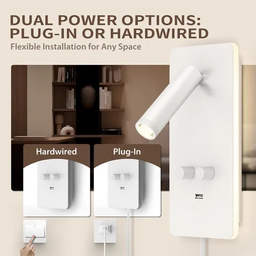 Vista 2 de M04 - Apliques regulables para montaje en pared, luz de lectura, lámpara de noche con puerto USB, enchufable, lámparas de pared con cable duro