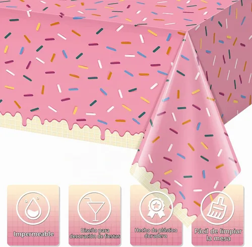 Vista 3 de 3 Piezas Mantel de Donas con Chispitas, Mantel de Mesa de Helado Rosa, Cubiertas de Mesa Rectangulares de Plástico Desechable para Niña Bebé Dulce