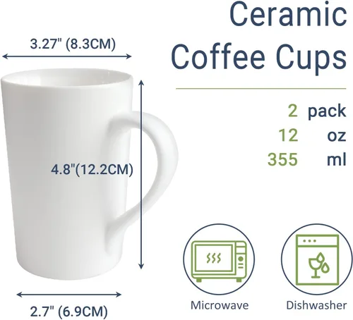 Vista 2 de Paquete de 2 tazas de café de cerámica de 12 onzas, taza de cerámica blanca pura, simple, grande, alta, taza de café con leche blanca con asa
