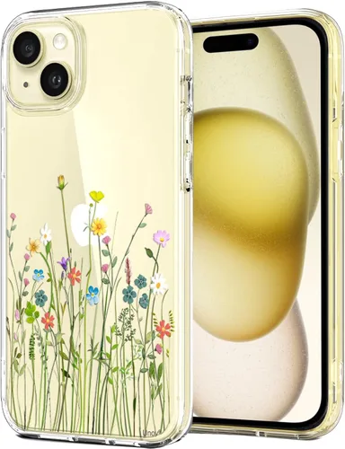 Vista 14 de Unov for iPhone 15 Case, Clear with Design, Slim Fit Good Grip, Embossed Phone Case, Shockproof Protective Cover, Raised Camera Protection, Soft