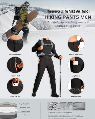 Vista 6 de Pantalones de senderismo para hombre, para nieve, esquí, senderismo, invierno, forro polar, impermeable, aislante, cremallera, pierna inferior