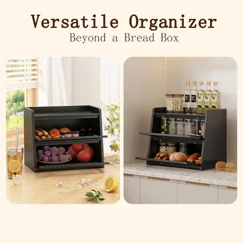 Vista 5 de Panera de bambú grande de doble capa para encimera de cocina, contenedor de almacenamiento de pan de gran capacidad de madera con soporte para pan