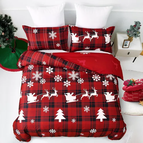 Vista 3 de Luxudecor Juego de funda de edredón de Navidad tamaño individual, 2 piezas de funda de edredón a cuadros de búfalo rojo, patrón de Santa Claus, reno