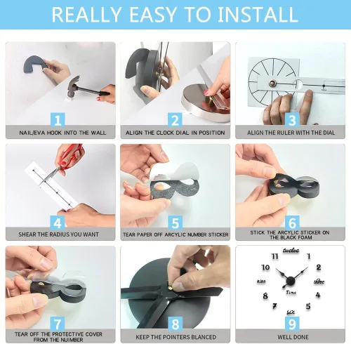 Vista 9 de Moderno reloj de pared grande sin marco, funciona con pilas, espejo 3D, relojes de pared decorativos para decoración de sala de estar (negro)