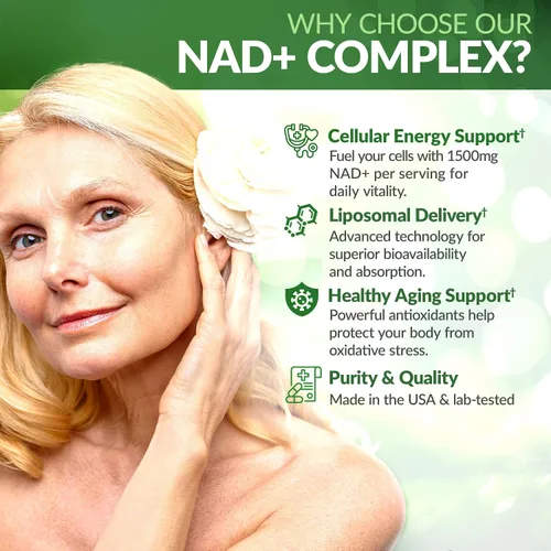 Vista 3 de Suplemento liposomal NAD+ Resveratrol – 1500 mg NAD+ y 300 mg 98% Trans-Resveratrol – Suministro de 60 días – Complejo NAD+ avanzado para energía