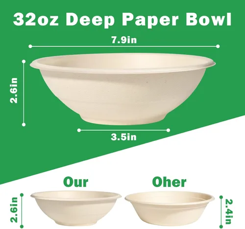 Vista 7 de Cuencos de papel grandes de 32 onzas, paquete de 50 unidades, resistentes, biodegradables y aptos para microondas, cuencos de bagazo ecológicos