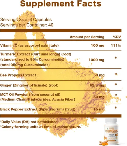 Vista 6 de Curcumina de cúrcuma 95 1000 mg, 95% complejo de curcuminoides con propóleo de abeja y bioperina, 120 cápsulas, suplemento de apoyo