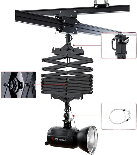 Vista 4 de DATOUBOSS Pantógrafo de caída de 2M para estudio de fotografía, sistema de riel de techo, kit de pantógrafo fotográfico con polea, accesorios