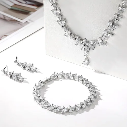 Vista 6 de Wedding Jewelry Set for Bride Bridal Jewelry Set for Wedding Cubic Zirconia Necklace Earrings Bracelet Sets for Bride Silver Jewelry Set for Women