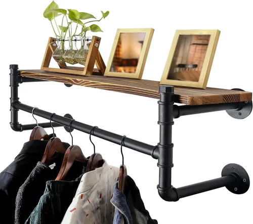 Vista 17 de WEBI Perchero de pared con estante, perchero industrial de 24 pulgadas con estantes, barra de ropa de hierro resistente, barra de ropa de exhibición