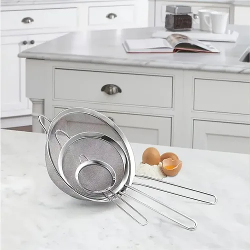 Vista 7 de Colador de malla fina de acero inoxidable de 3 piezas, malla fina de alta calidad, colador de alimentos con mango largo para utensilios de cocina