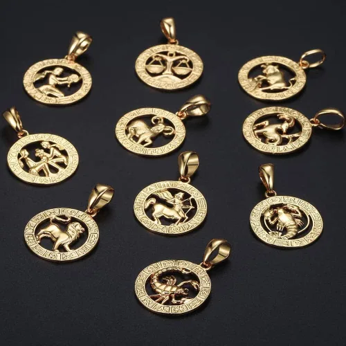 Vista 4 de Hermah Collar con colgante de signo del zodiaco chapado en oro para mujeres y hombres Leo AriesConstellation Horoscope Colgante de acero inoxidable