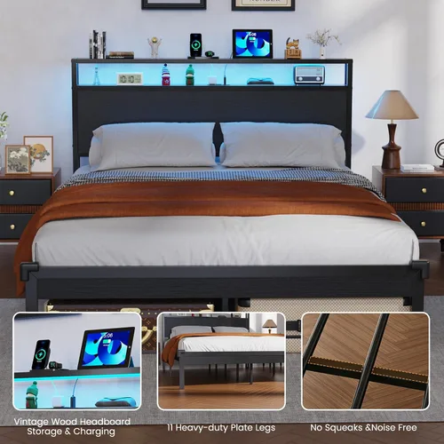 Vista 4 de Full Size Bed Frame with Headboard Built-in Charging Station & Led Lights
