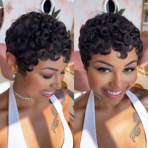 Vista 8 de YOUKNOWIG Peluca corta de corte Pixie en capas, pelucas de cabello humano sin pegamento con corte Pixie para mujeres negras, hechas a máquina, sin